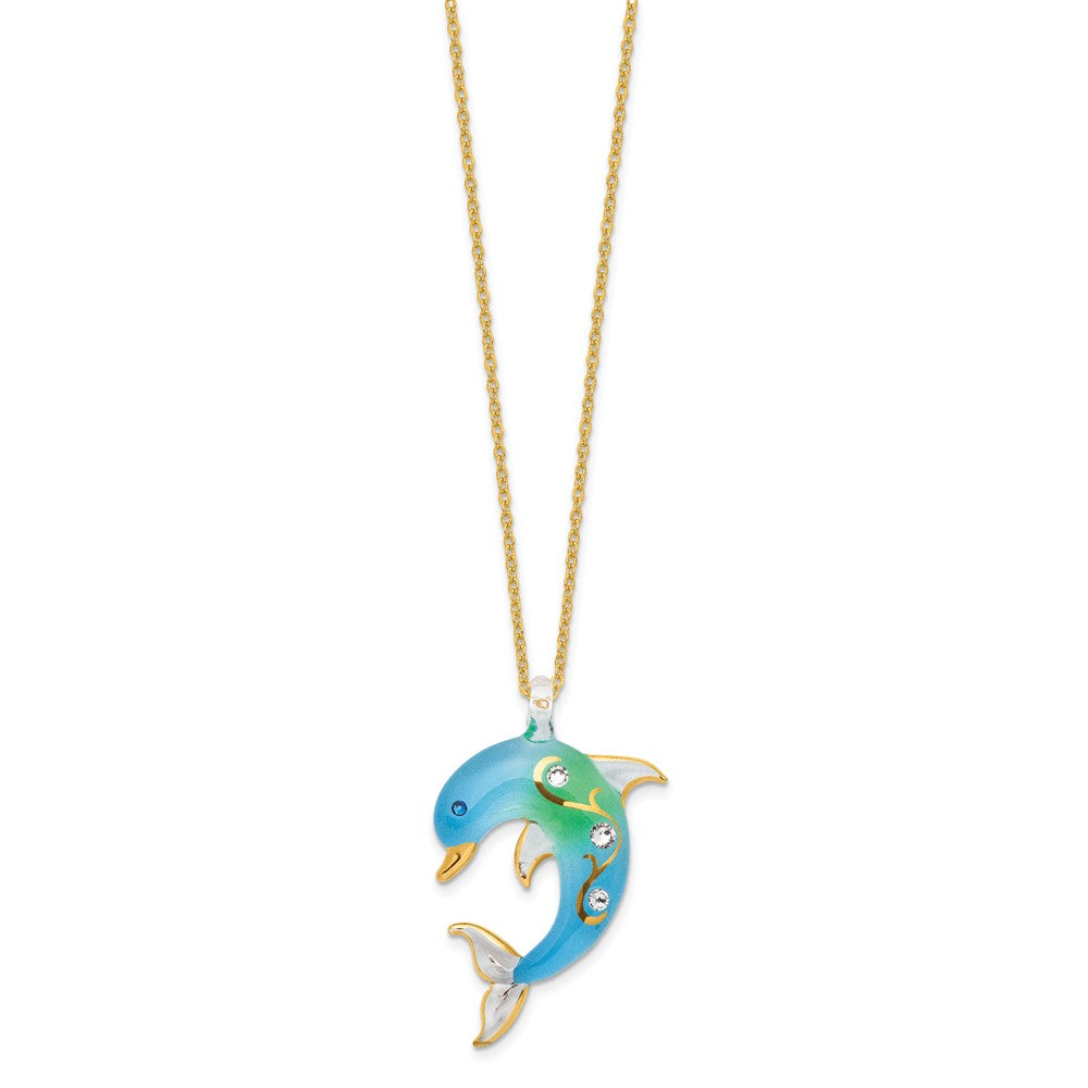 Glass Baron 22K Gilding Accent Gold-trim Turquoise Glass with Crystal from Swarovski Accent Dolphin 18 inch Gold-tone Necklace GM9398