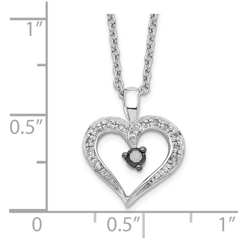 White Night Sterling Silver Rhodium-plated Black and White Diamond Heart 18 Inch Necklace with 2 Inch Extender 36 Inches