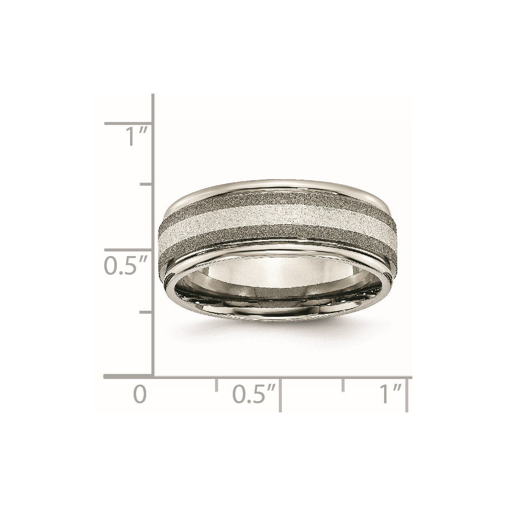 Titanium Polished w/Sterling Silver Inlay Stone Finish Center Grooved Band Size - 8.5