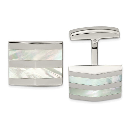Stainless Steel Polished Mother Of Pearl Square Cuff Links