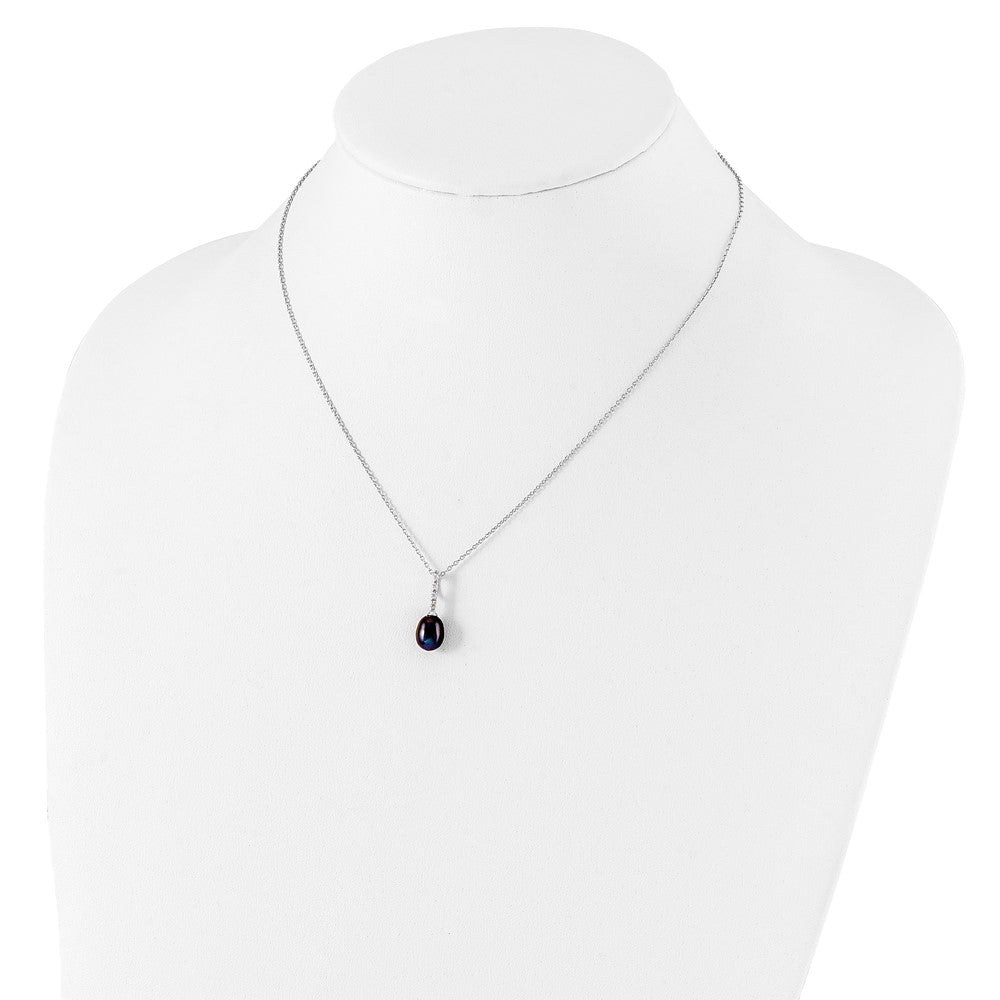 Sterling Silver Rhodium-plated 7-8mm Black Teardrop Freshwater Cultured Pearl and CZ 17 inch Necklace 17 Inches