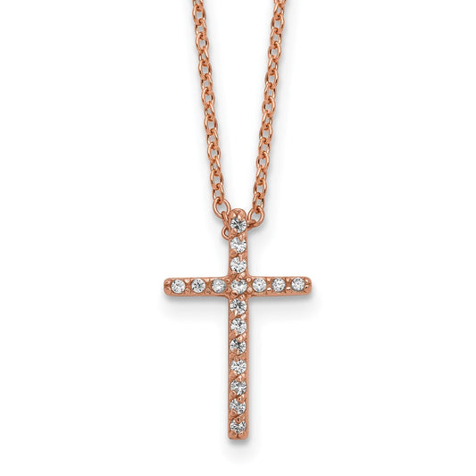 Cheryl M Sterling Silver Rose Gold-plated Polished CZ Latin Cross Necklace 18 Inches
