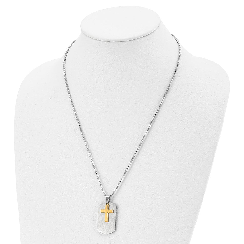 Stainless Steel Brushed & Polished Yellow IP-plated Cross Dog Tag 22in Neck