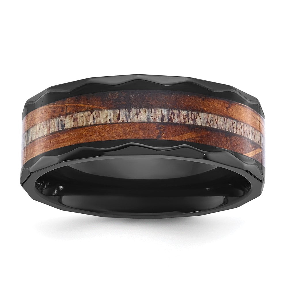 Chisel Black Zirconium Polished Faceted with Wood and Deer Antler Inlay 8mm Band Size - 12