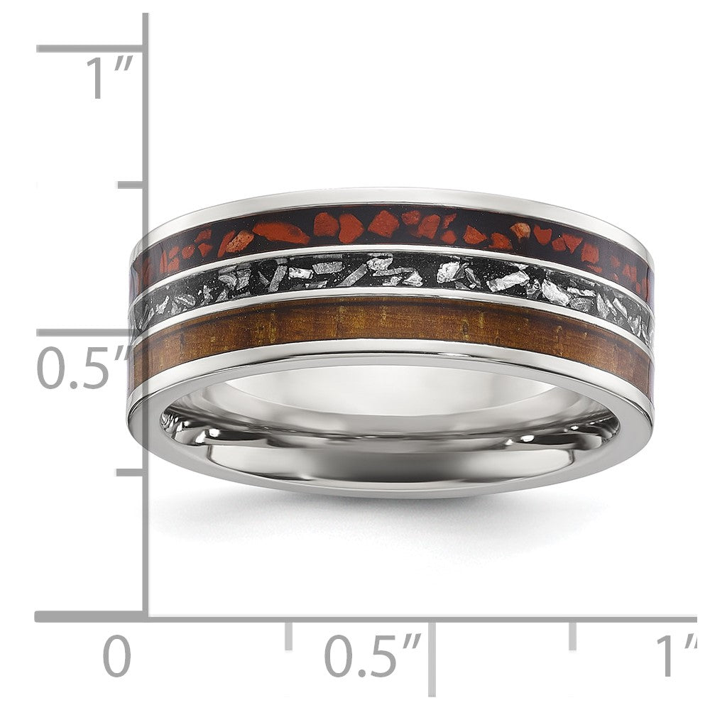 Chisel Stainless Steel Polished with Wood, Imitation Meteorite and Red Stone Inlay 8mm Band Size - 12