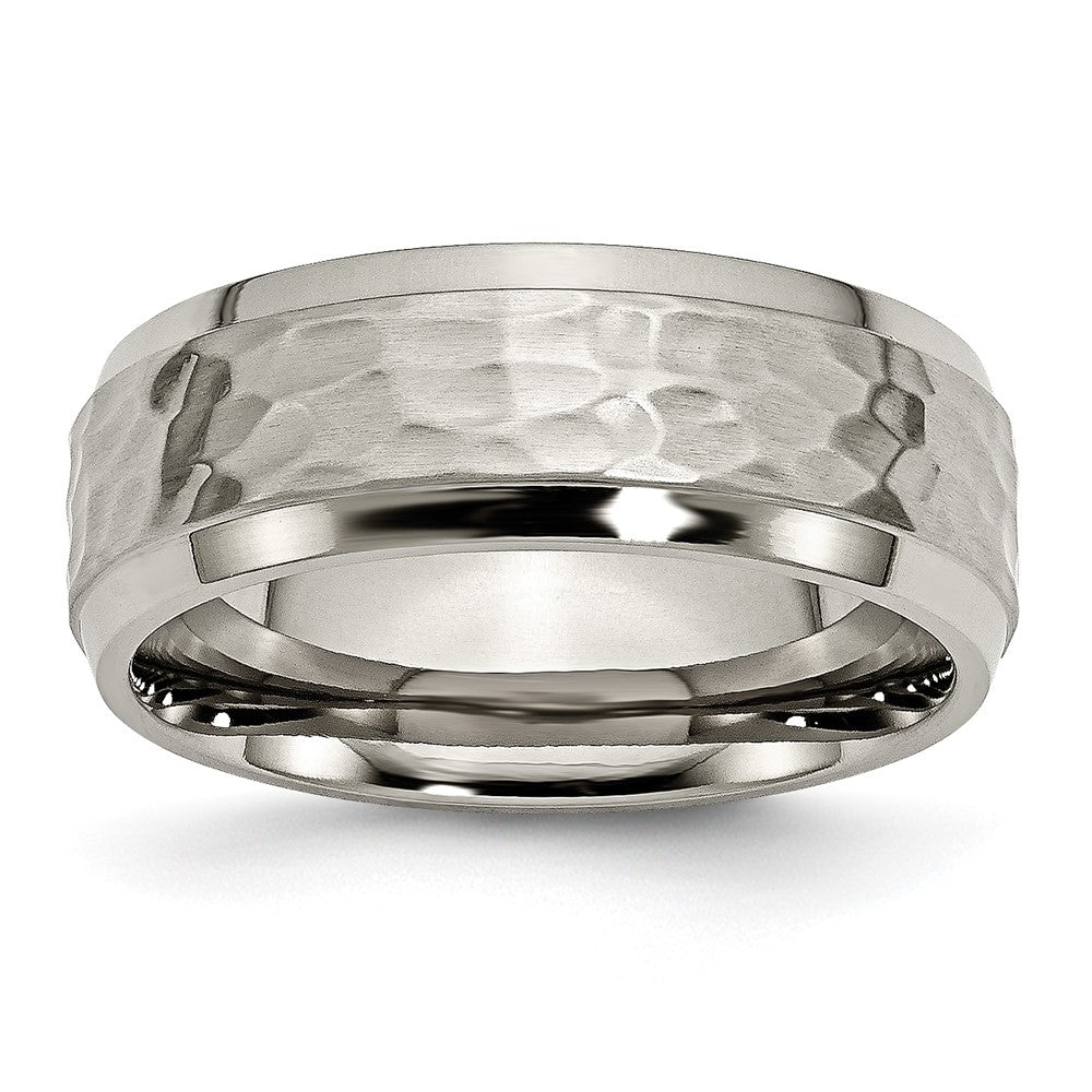 Titanium Polished and Hammered 8mm Beveled Edge Band Size - 10.5