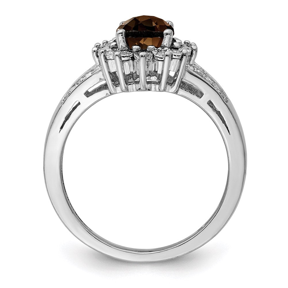Sterling Silver Rhodium Diam. & Oval Checker-Cut Smoky Quartz Ring