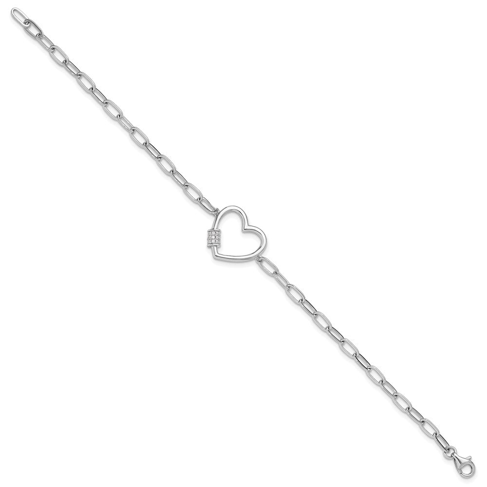 Sterling Silver Rhodium-plated with CZ Heart Paperclip Link 7.5in Bracelet 7.5 inches