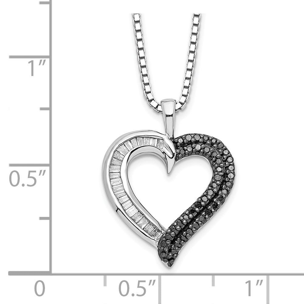 White Night Sterling Silver Rhodium-plated Black and White Diamond Heart 18 Inch Necklace with 2 Inch Extender 18 Inches