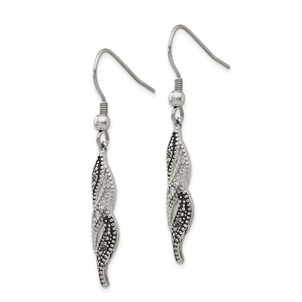 Stainless Steel Antiqued and Polished CZ Dangle Shepherd Hook Earrings