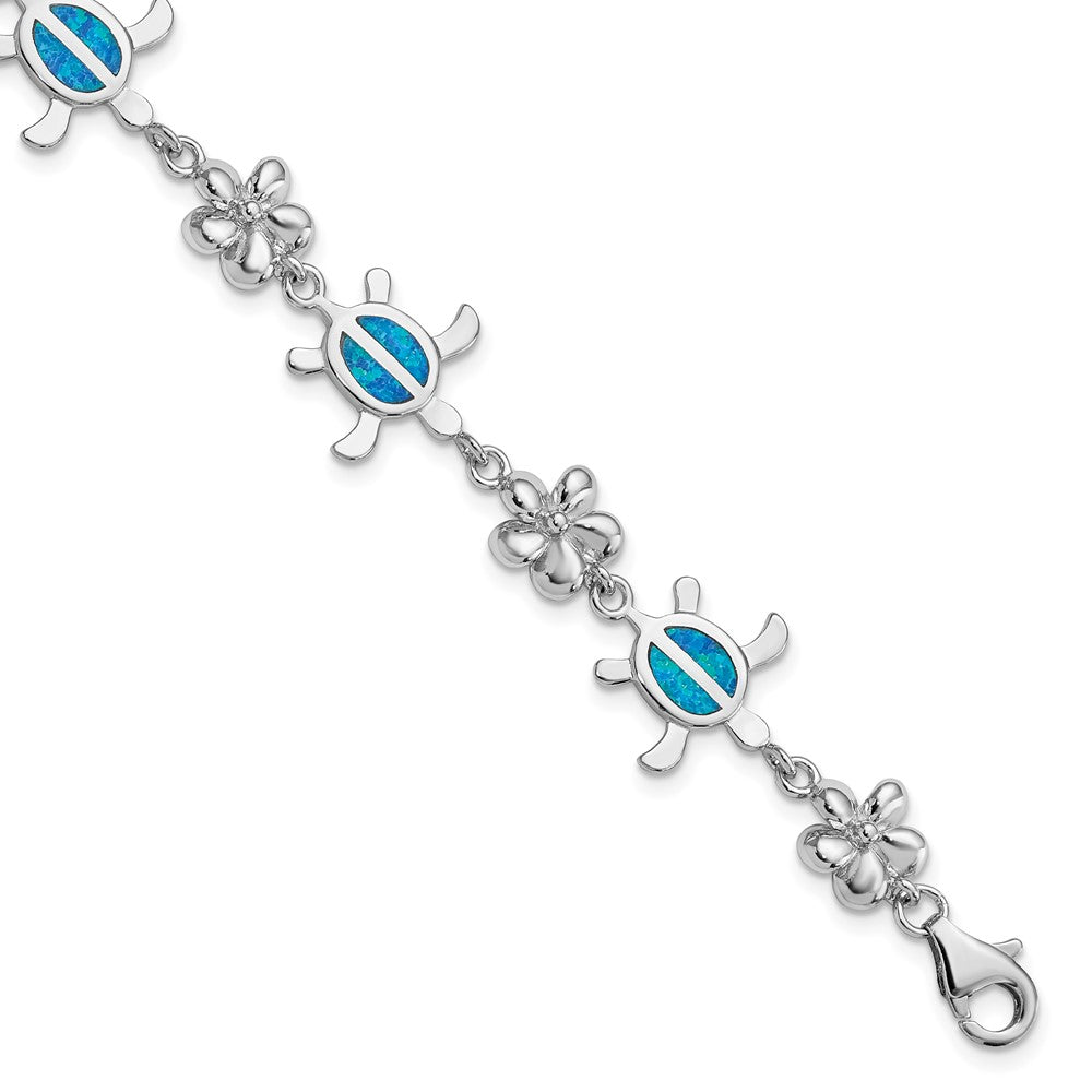 Sterling Silver Rhodium-plated Polished 7 inch Created Blue Opal Tortoise with Flower Bracelet 7 inches
