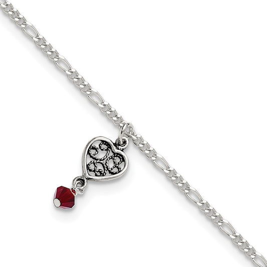 Sterling Silver Dark Pink Crystal Dangling Antiqued Heart 10 inch Anklet 10 inches
