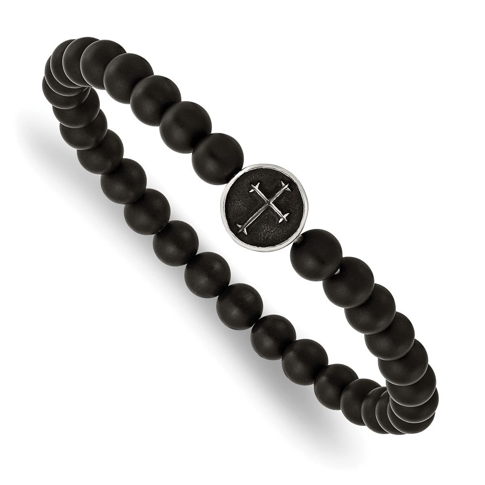 Stainless Steel Antiqued & Polished Black Agate Cross Stretch Bracelet 7 inches
