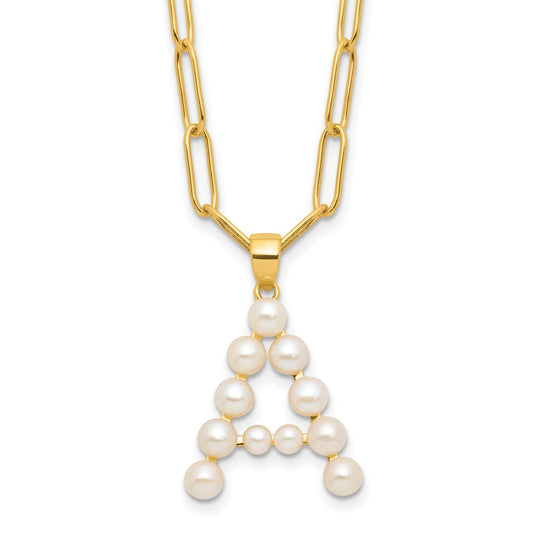 Sterling Silver Gold-plated 3-5.5mm White Button Freshwater Cultured Pearl LETTER A 18 inch Necklace