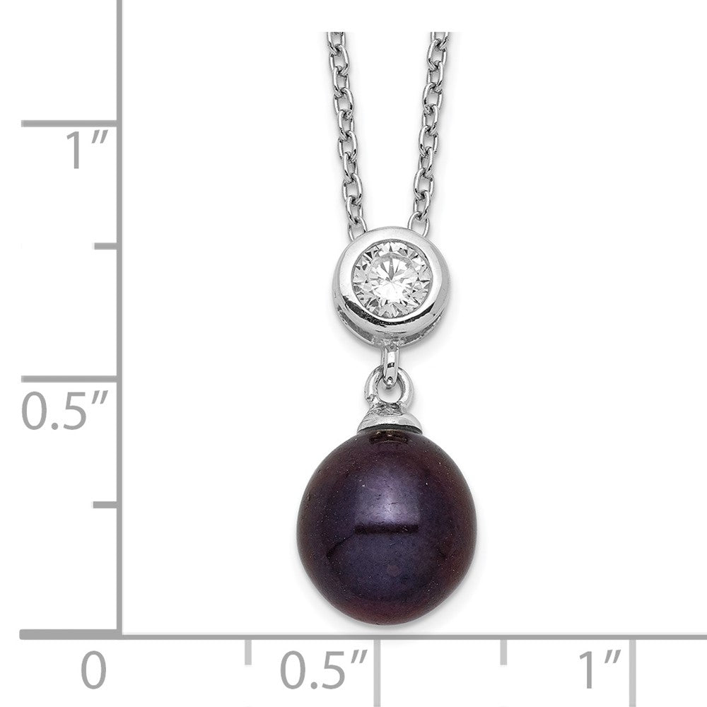Sterling Silver Rhodium-plated 8-9mm Black Rice Freshwater Cultured Pearl and CZ 17 inch Necklace 17 Inches