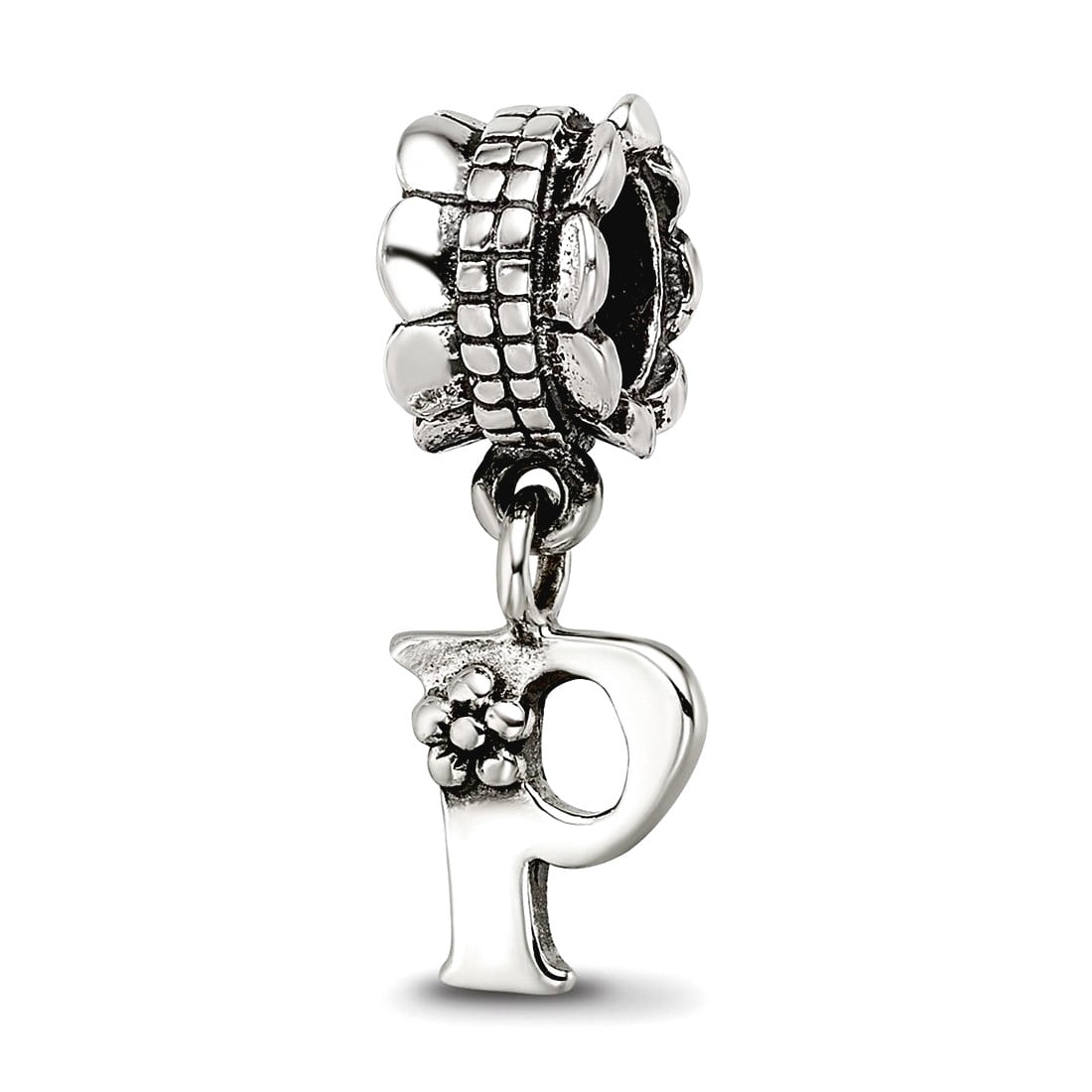 925 Sterling Silver Polished Artisan Oxidized Reflections Letter Name Personalized Monogram Initial P Dangle Bead Charm