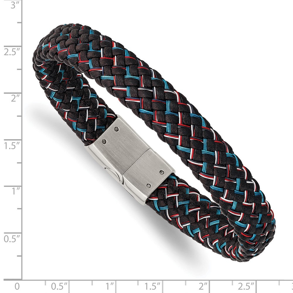 Stainless Steel Polished Black Leather w/Multi-color Wire 8.25in Bracelet 8.25 inches