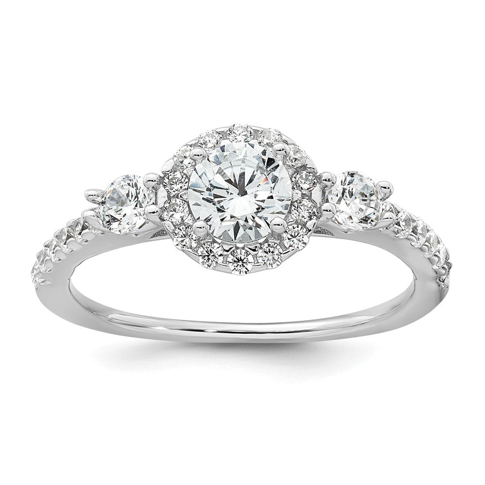 Sterling Silver Rhodium-plated Polished CZ 3-Stone Halo Size 7 Engagement Ring and Wedding Band Set