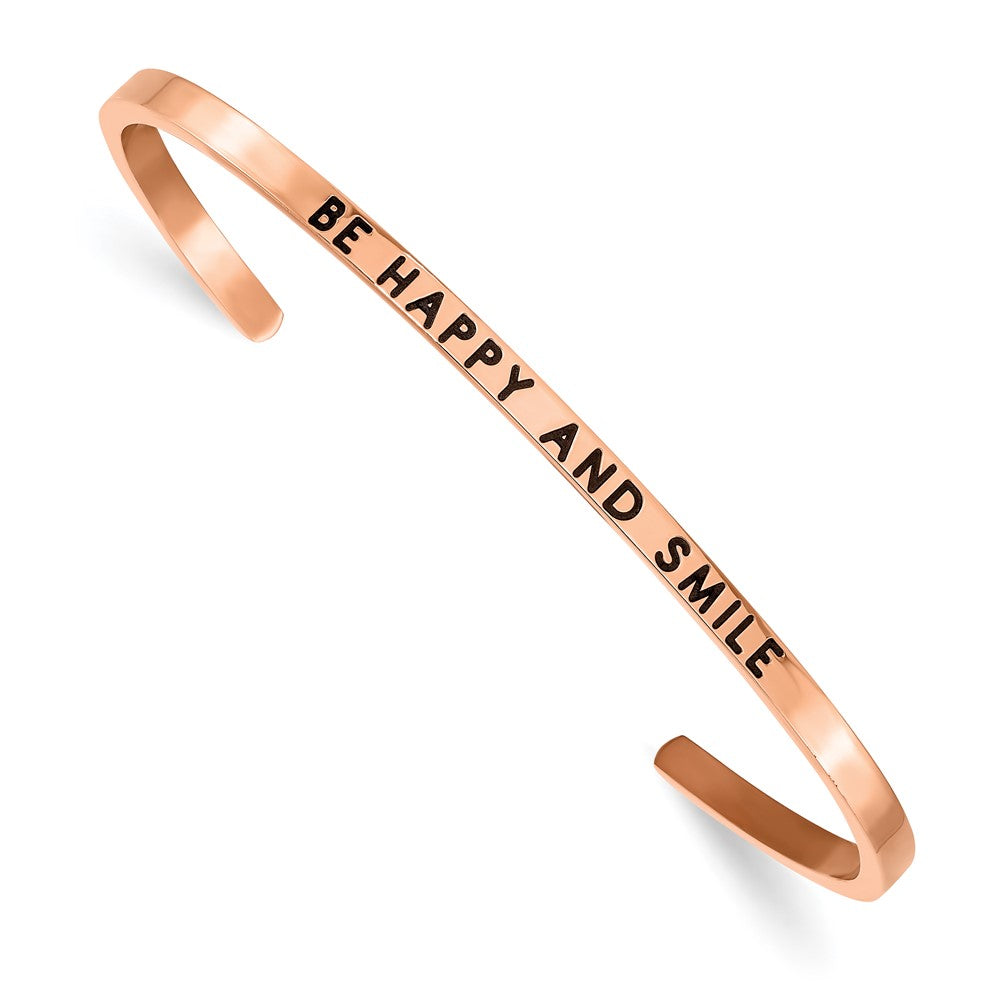 Stainless Steel Polished Rose IP Enamel/Crystal BE HAPPY 3mm Cuff Bangle 7 inches