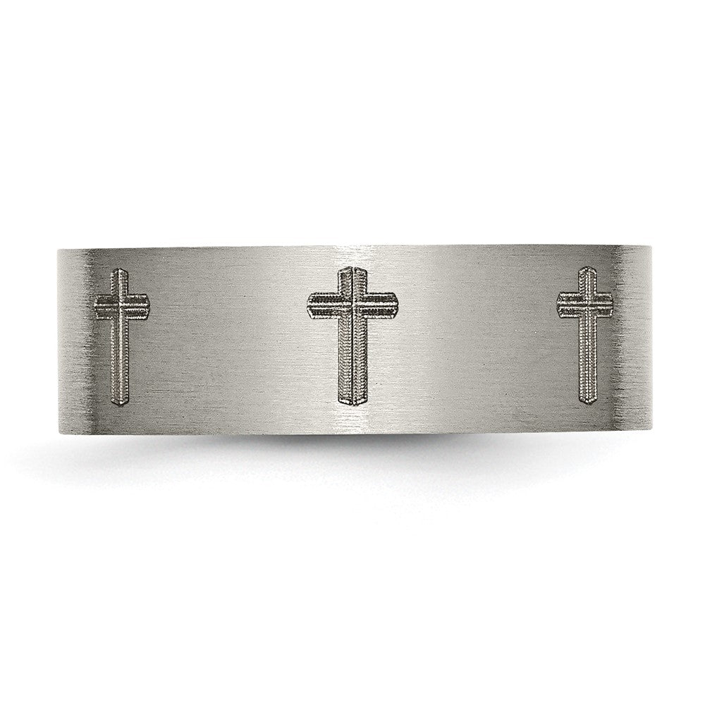Titanium Brushed Cross Laser Design 8mm Flat Band Size - 7.5