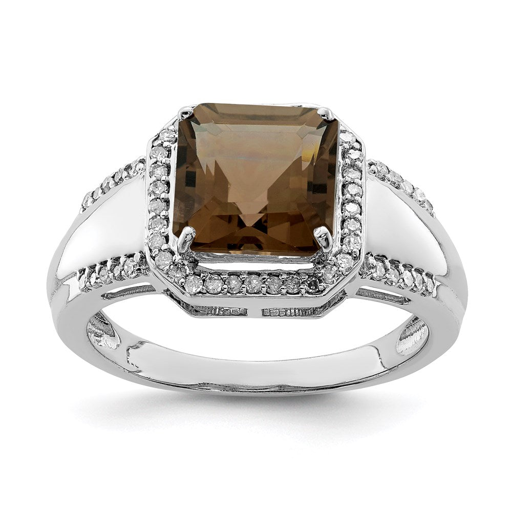Sterling Silver Rhodium Diam. & Smoky Quartz Ring