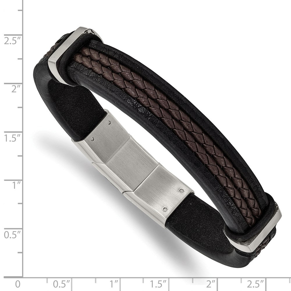 Stainless Steel Polished Black/Brown Braided Leather w/.5in ext. Bracelet 8 inches