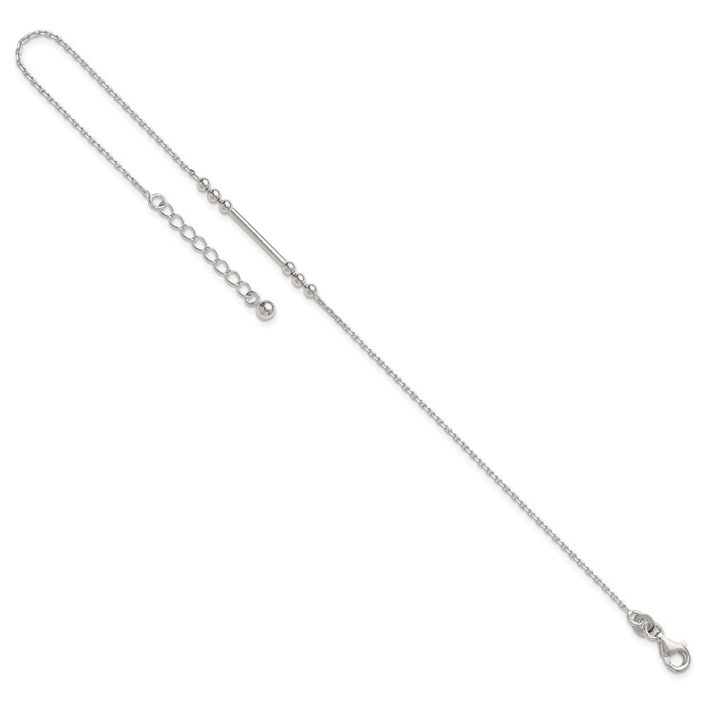 Sterling Silver Polished Beads and Bar 9 inch with 1 inch Extension Anklet