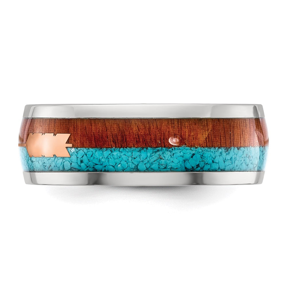 Chisel Stainless Steel Polished Arrow with Turquoise and Wood Inlay 8mm Band Size - 11