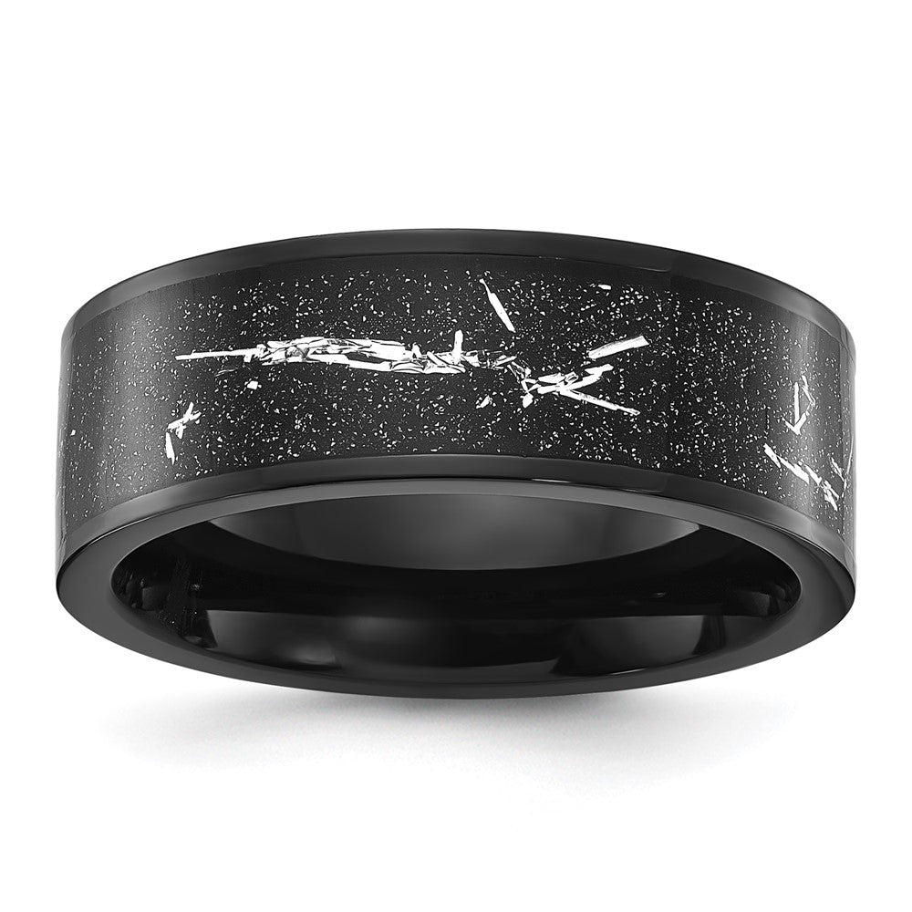 Chisel Stainless Steel Polished Black IP-plated Black and Silver Foil Inlay 8mm Band Size - 10.5