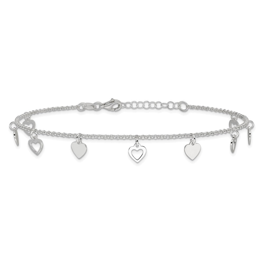 Sterling Silver 9 inch Polished Heart with 1in ext. Anklet 9 inches