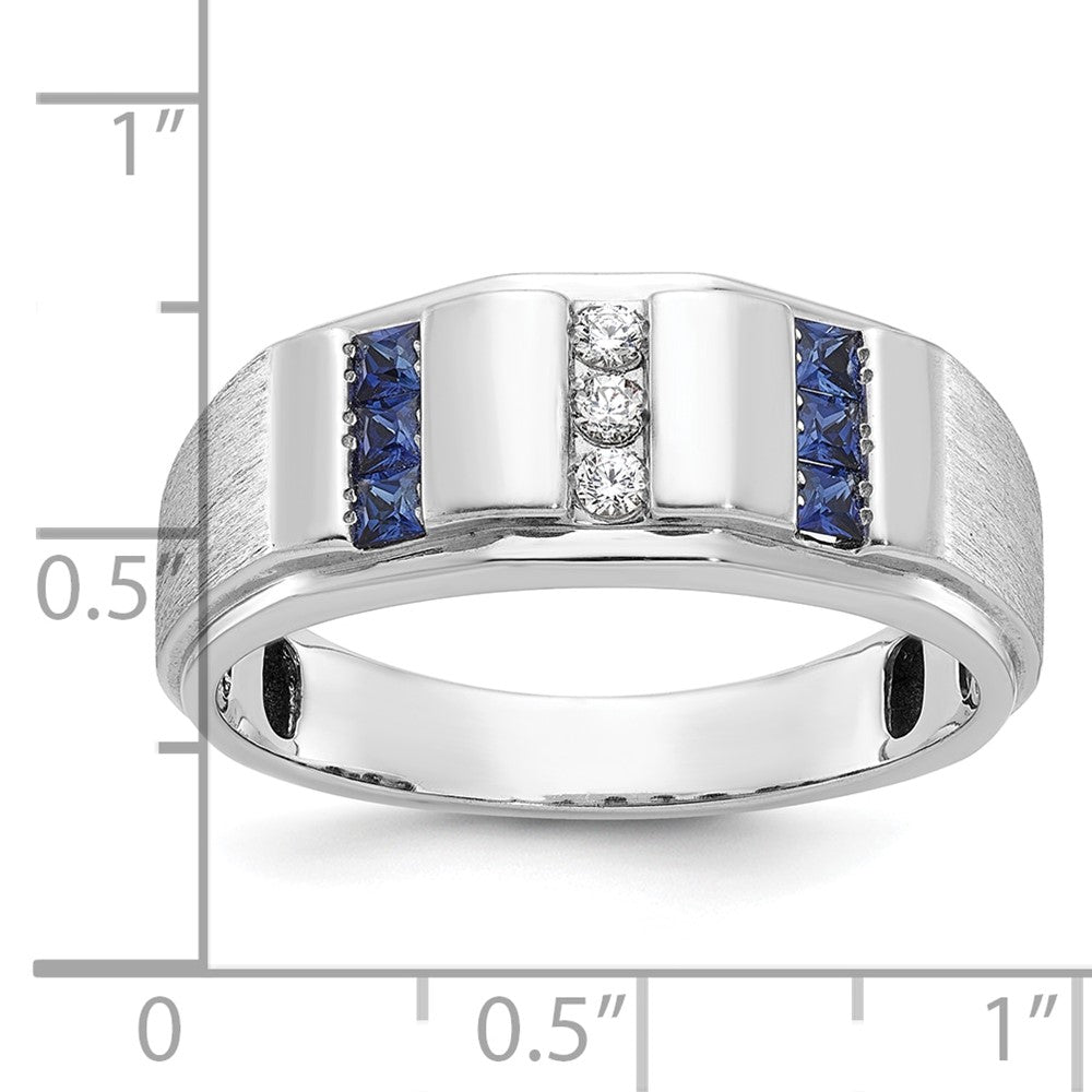 IBGoodman 14k White Gold Men's Polished and Satin 3-Row Lab Created Sapphire and 1/10 Carat AA Quality Diamond Ring Size 10