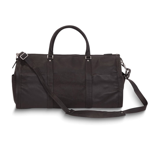 Black Leather Zippered Duffle with Detachable Shoulder Strap