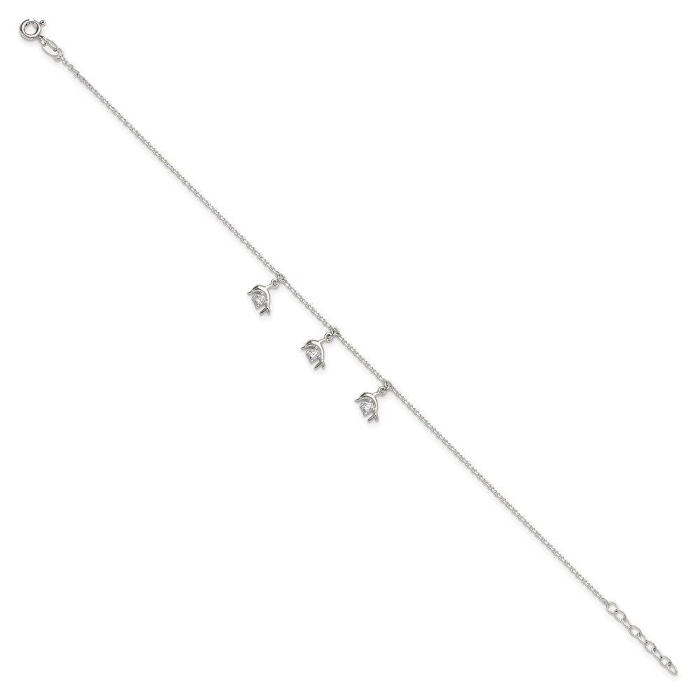 Sterling Silver Polished White CZ Dolphin Dangles 9 inch with 1 inch Extension Anklet