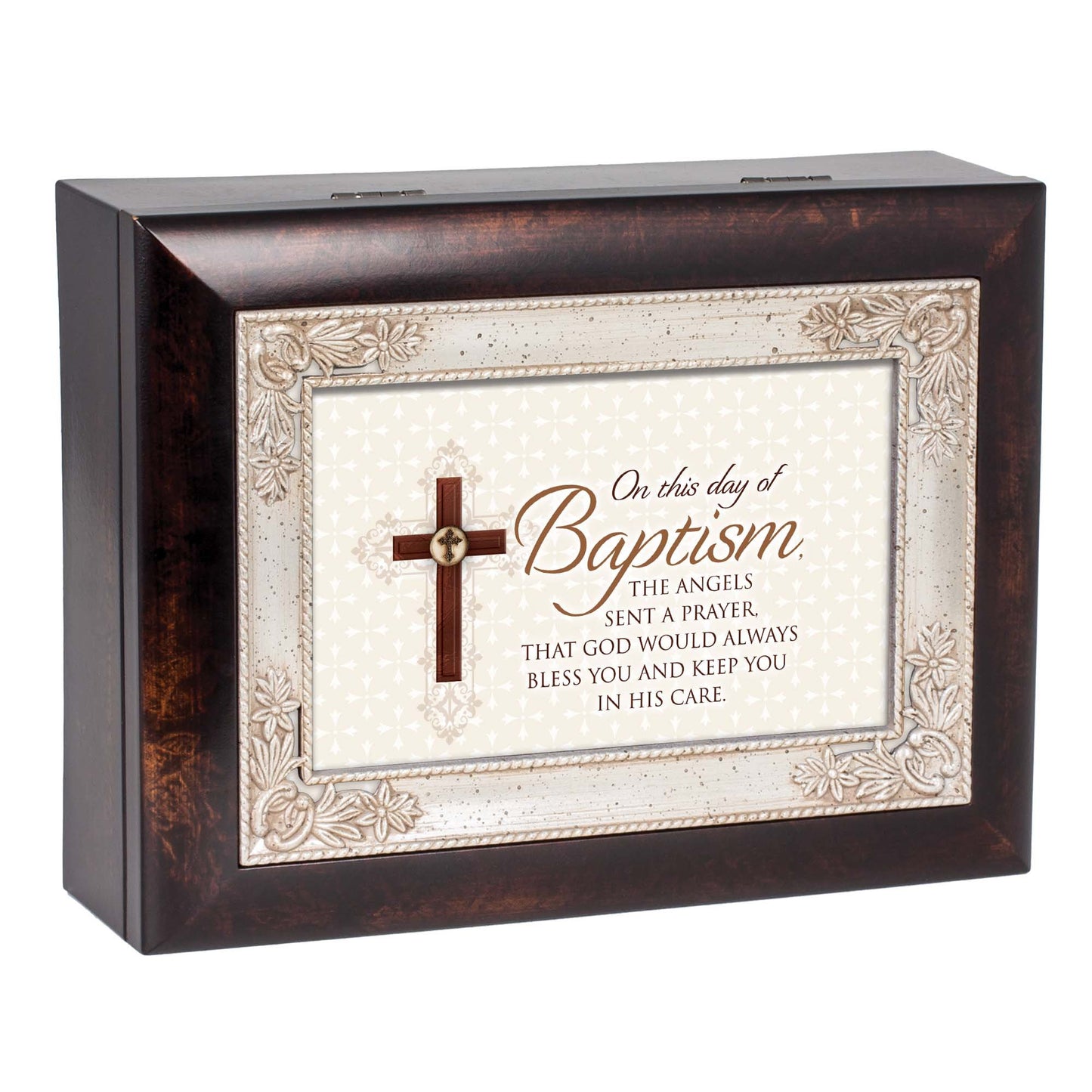 BAPTISM Italian Style Woodgrain Resin Music Box (Plays How Great Thou Art) QGM22900