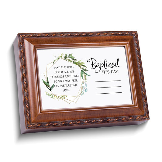 Baptized This Day Woodgrain Polymer Musical (Plays Jesus Loves Me) Keepsake Box