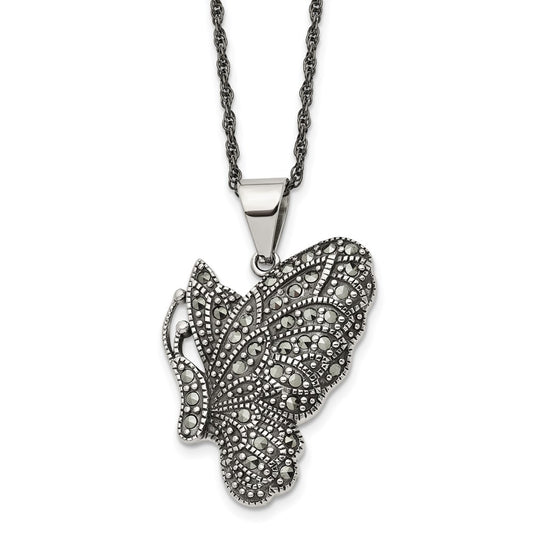Stainless Steel Antiqued & Polished w/Marcasite Butterfly 20in Necklace