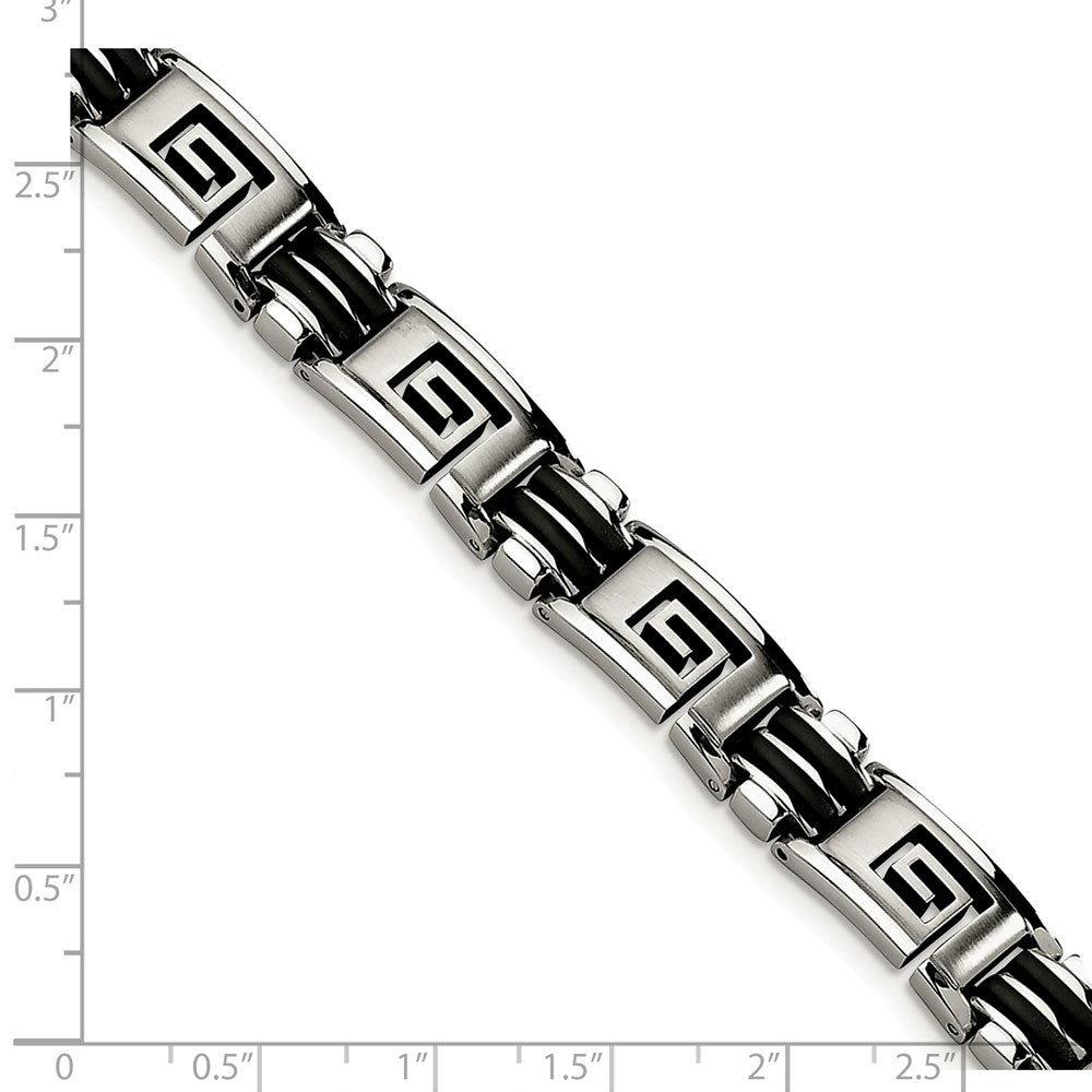 Stainless Steel 8.5in Brushed & Polished Black Rubber Greek Key Bracelet 8.5 inches