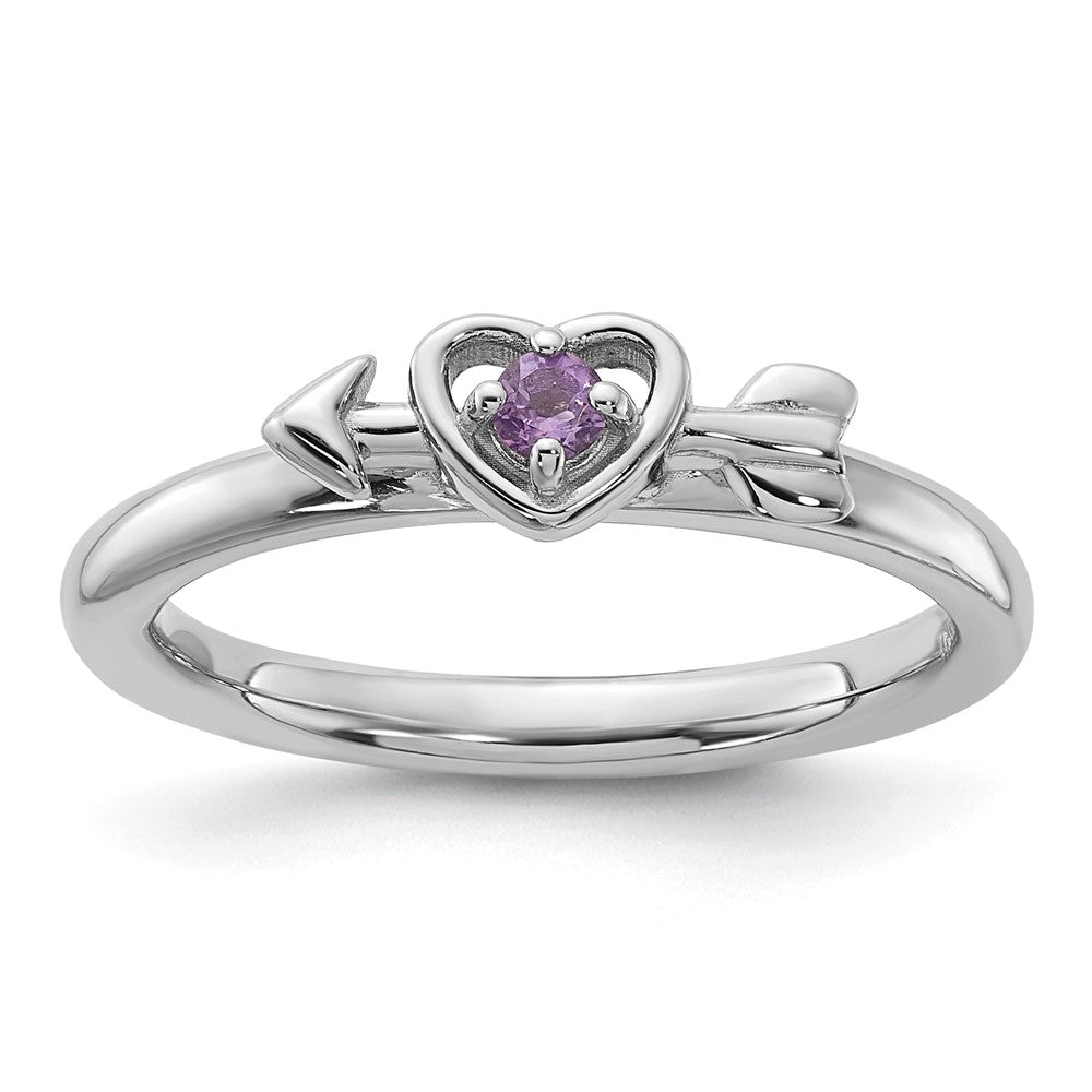 Sterling Silver Stackable Expressions Rhodium-plated Amethyst Heart with Arrow Ring Size -6