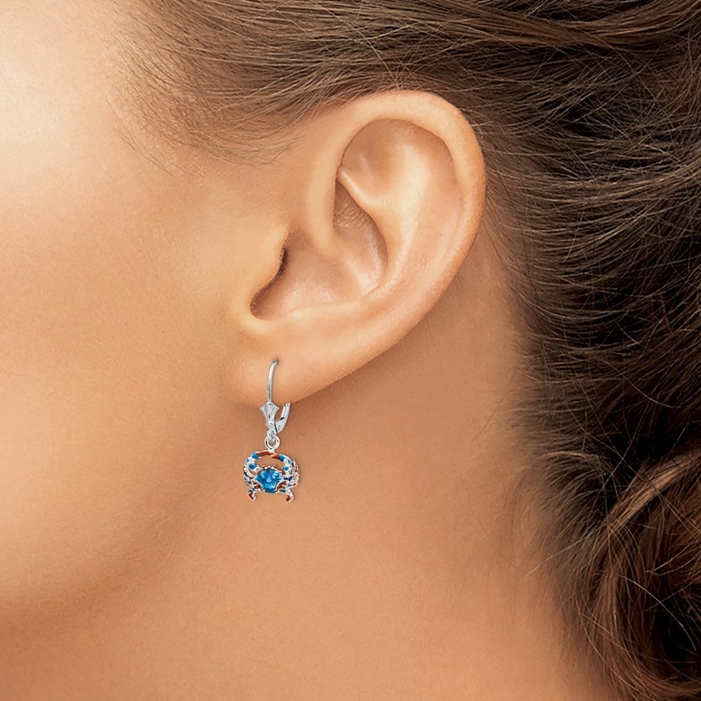 De-Ani Sterling Silver Rhodium-Plated Enameled Blue Crab Leverback Earrings