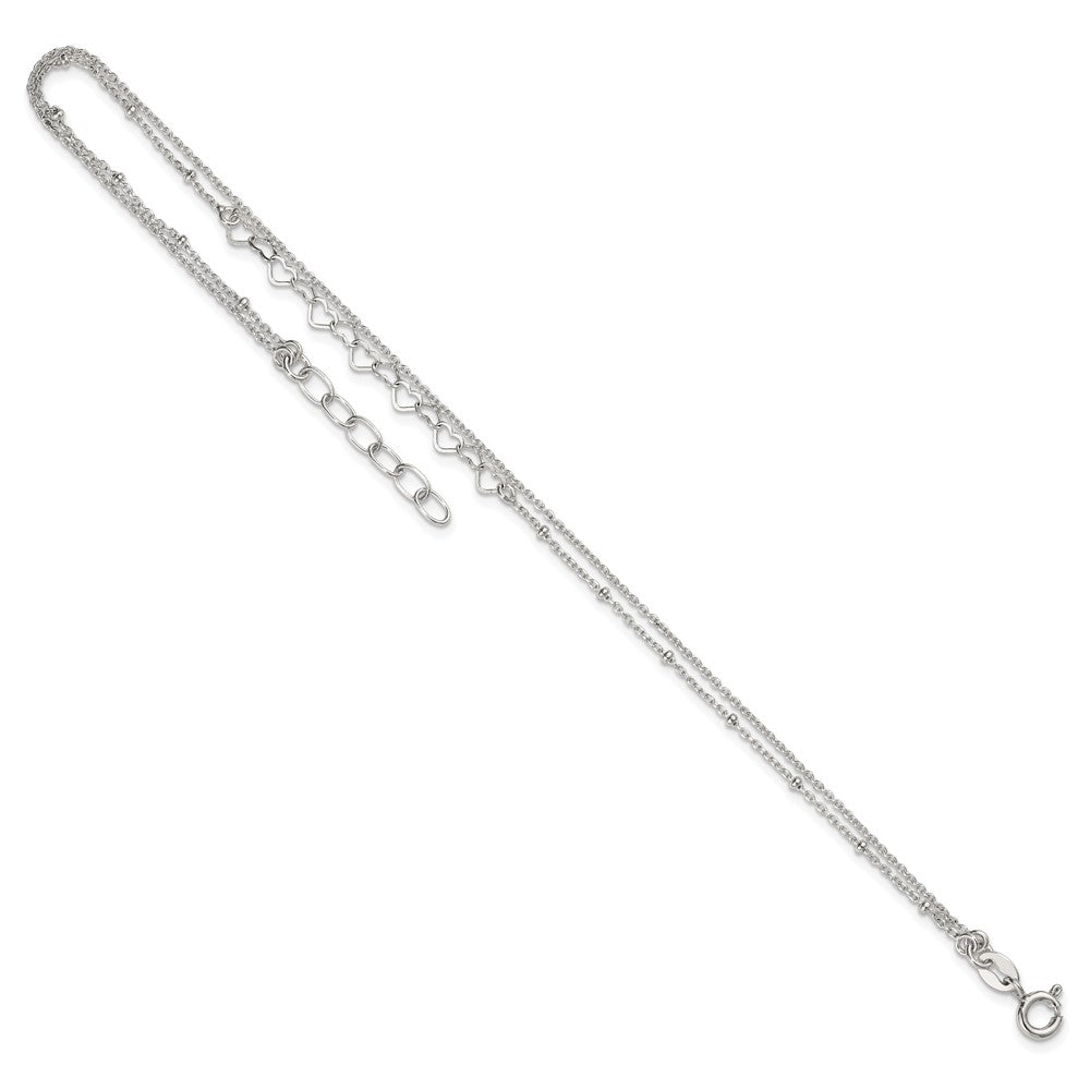 Sterling Silver Polished and Beaded Hearts Double Strand 9 inch with 1 inch Extension Anklet