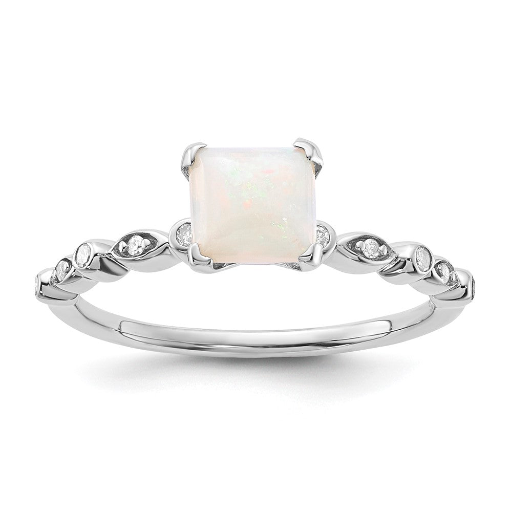 Sterling Silver Polished 6mm White Opal and Diamond Ring