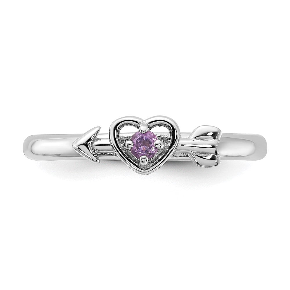 Sterling Silver Stackable Expressions Rhodium-plated Amethyst Heart with Arrow Ring Size -6