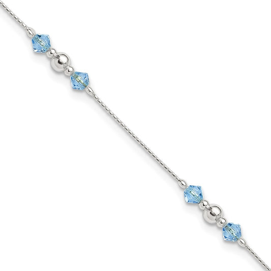Sterling Silver Polished Bead and CZ 9in Plus 1in. Ext. Anklet 9 inches