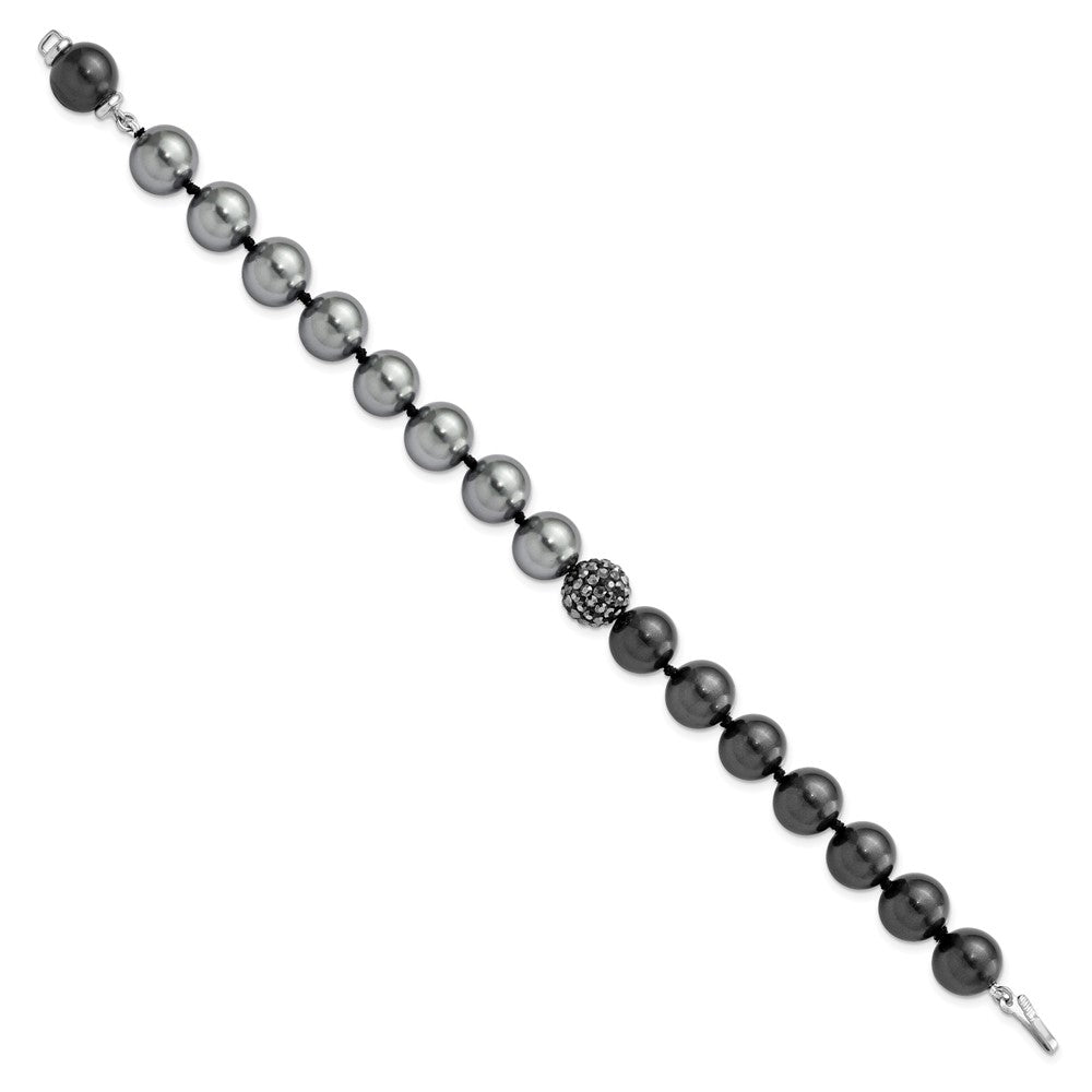 Majestic Sterling Silver Rhodium-plated 10-11mm Dk Grey/Black Imitation Shell Pearl Crystal Hand-knotted Bracelet