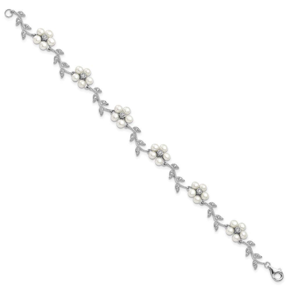 Sterling Silver Rhodium-plated CZ Vine Pattern and Fresheater Cultured Pearl Floral 7 inch Bracelet 7 inches