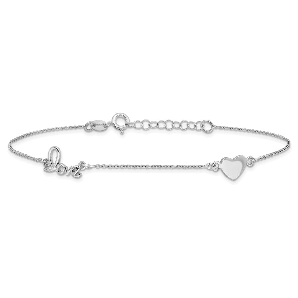 Sterling Silver Rhodium-plated Heart and LOVE 9in Plus 1in ext. Anklet 9 inches