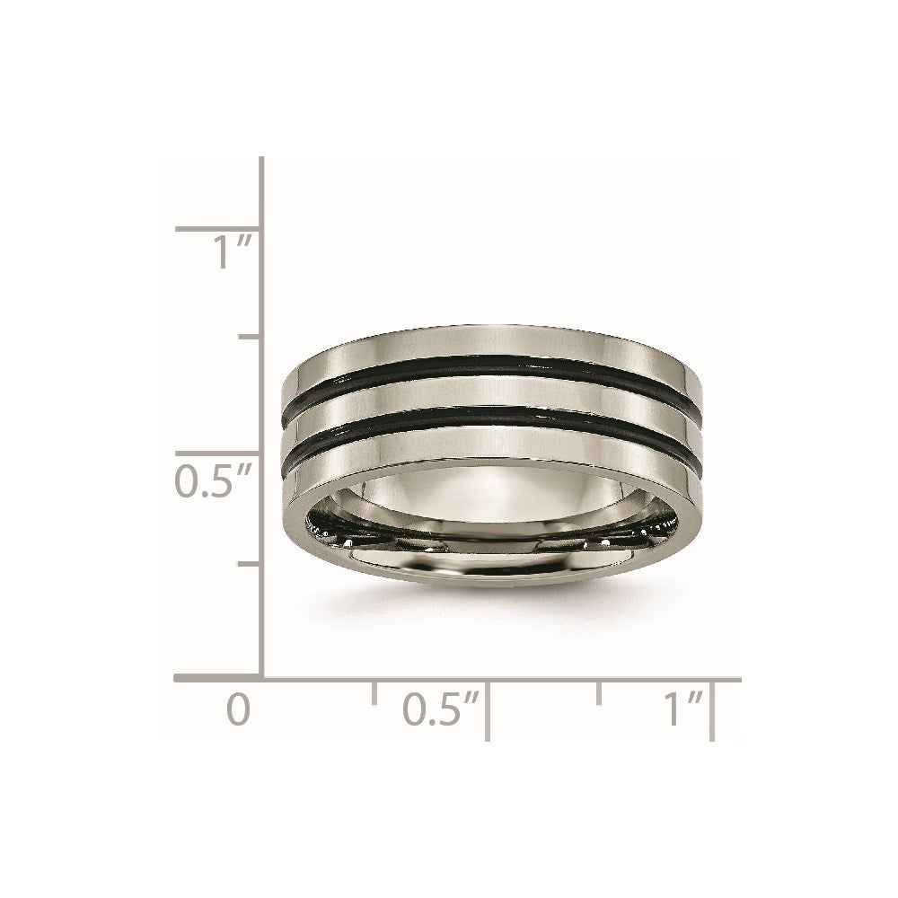 Titanium Polished Black Enamel Grooved 8mm Flat Band Size - 9