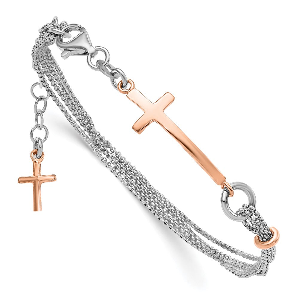 Sterling Silver w/Rose-tone Cross w/1.5in ext. w/Cross Bracelet 7  inches