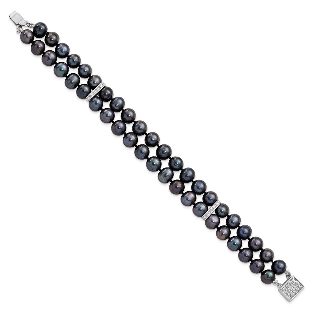 Sterling Silver Rhodium-plated 7-8mm Black Near-Round Freshwater Cultured Pearl and CZ 2-strand 7.5 inch Bracelet 7.5 inches