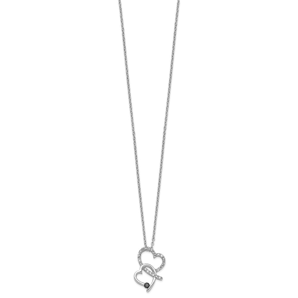 White Night Sterling Silver Rhodium-plated Black and White Diamond Double Heart 18 Inch Necklace with 2 Inch Extender 18 Inches